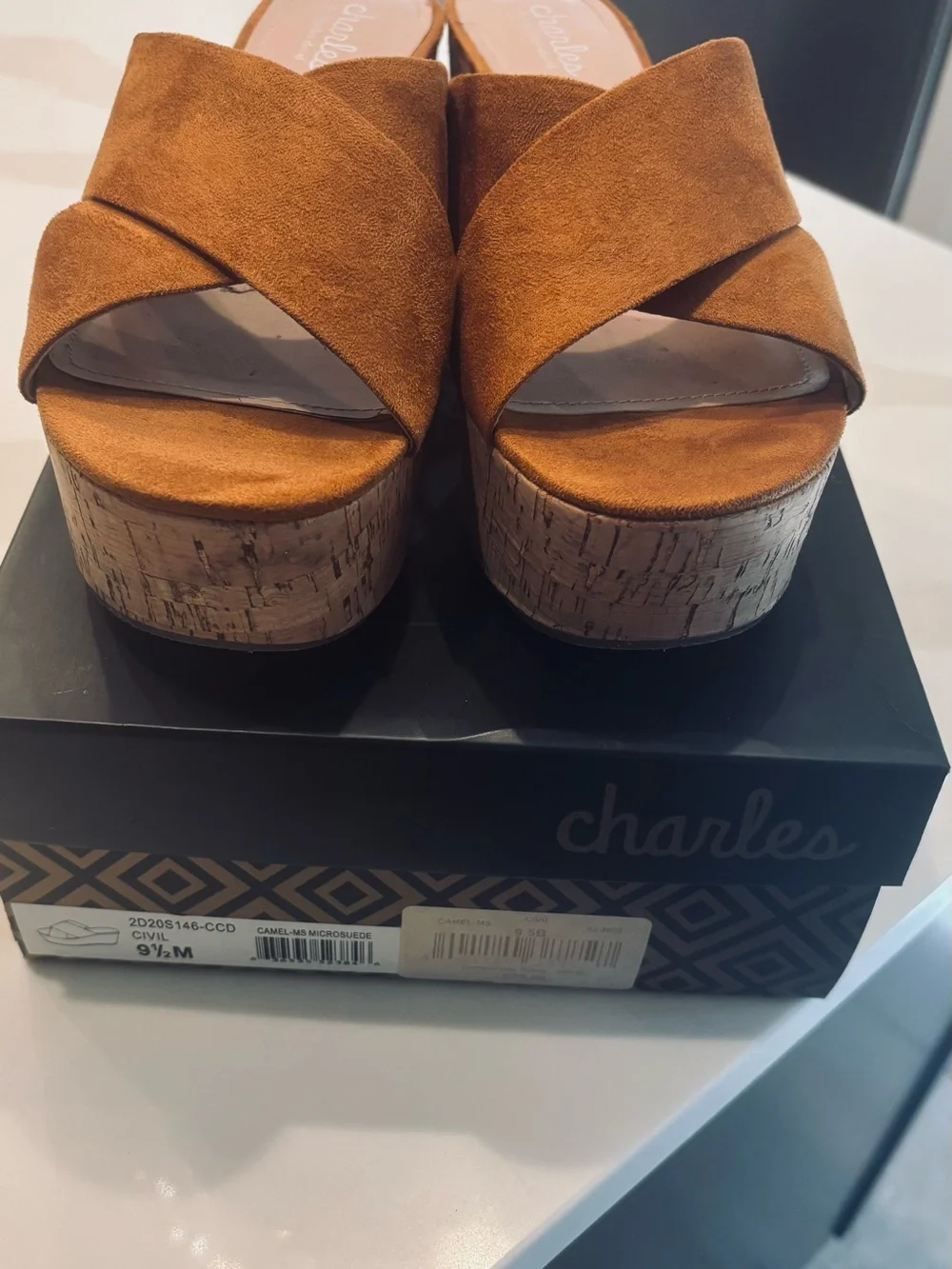 Charles by Charles David Tan Suede Cork Platform Slide Sandals